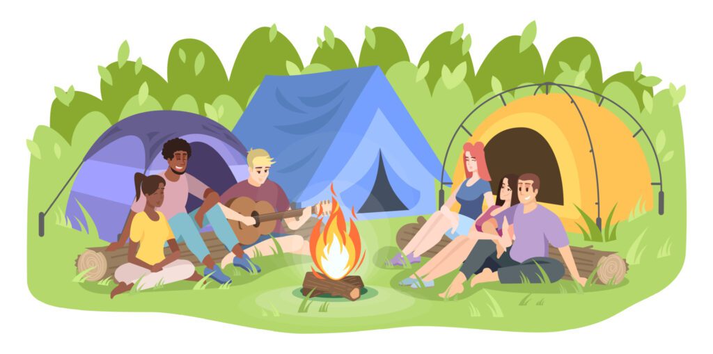 Ruslan Nesterenko
(Vecteezy)
Summer camp recreation flat vector illustration. Young men and women sitting by a campfire, playing guitar. 
7 Best Amazing Family Tents for Camping in 2023